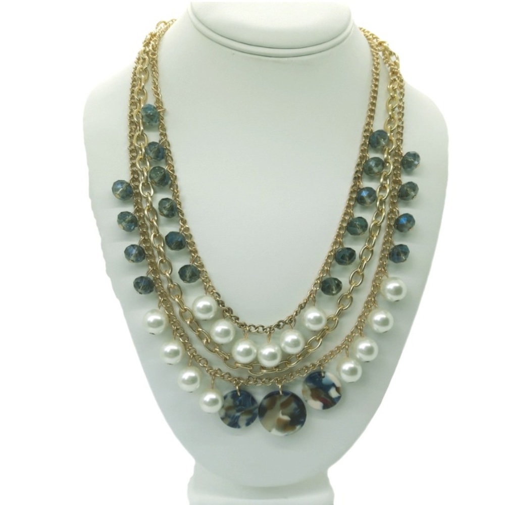 Layered gold statement necklace pearls, blue beads